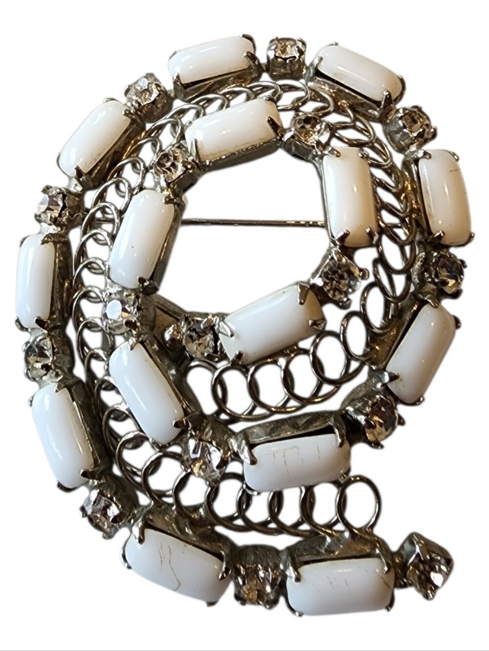 Kramer New York Signed Milk Glass And Crystal Spiral Brooch Vintage 50s 60s